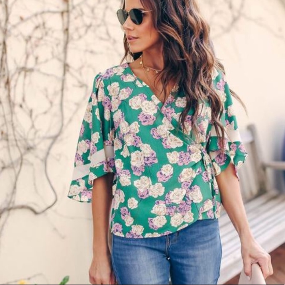 Vici floral green wrap blouse